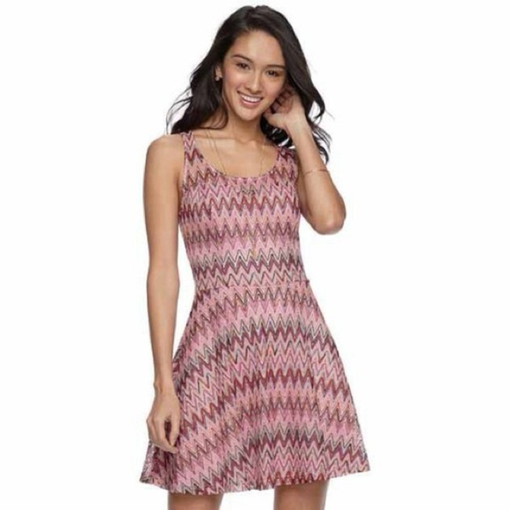 Candies Skater Dress XS Pink Multicolor Chevron‎ Crochet Knit Summer Festival
